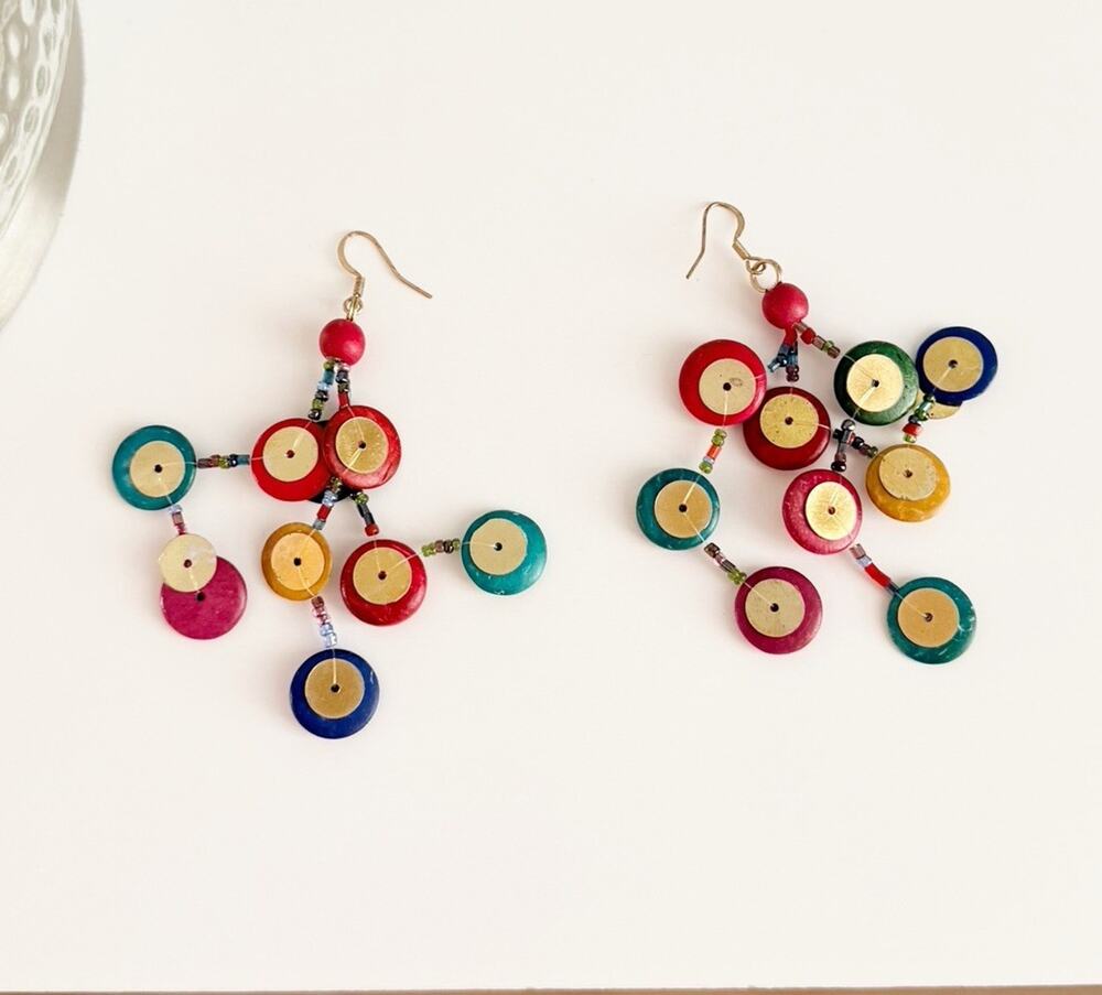 Colorful Button Style Dangle Earrings Boho Multicolor Disc Statement Artisan